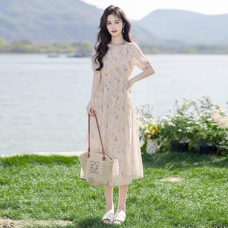 Sweet French Floral V-Neck Puff Sleeve Dress