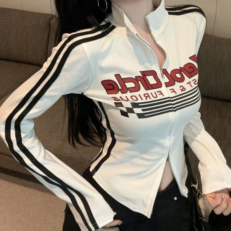 Girls Y2K Tops Workout Cycling T-shirts Zipper Long Sleeve Fashion Club Wear Sexy Women's T-shirts Sports Tees