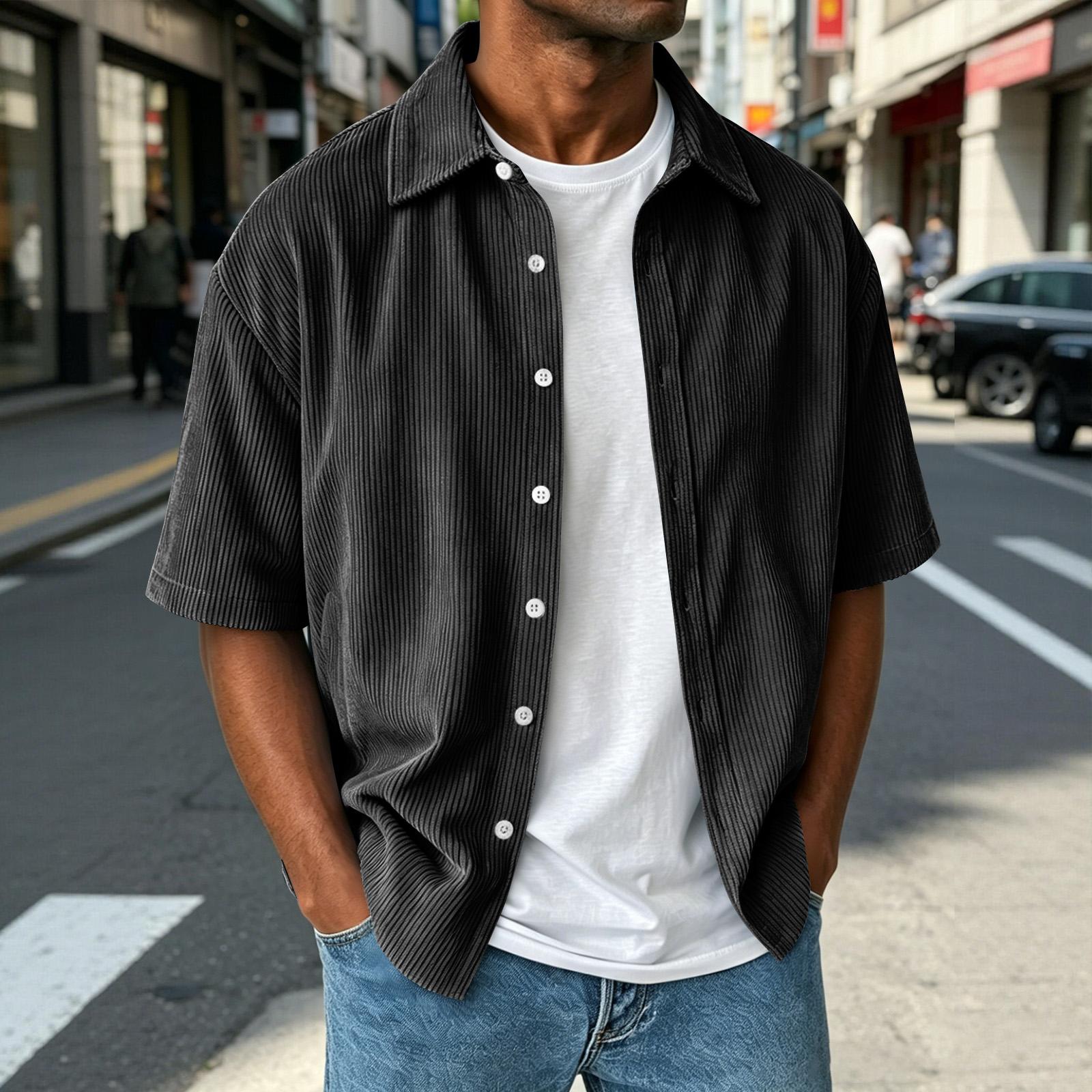 

Men s Short Sleeve Casual Shirt Button Down Collar Loose Fit Lightweight Comfortable Summer Top for Everyday Wear S чёрный