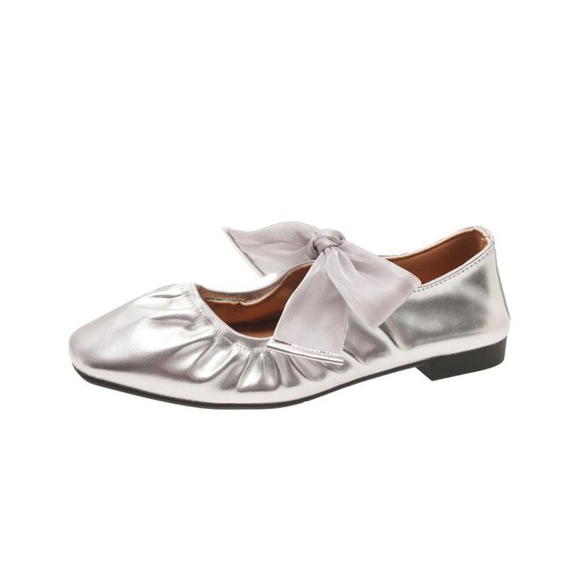 Comemore Silver Ballet Flat Shoes Temperament Shallow Mouth Lace Up Casual Mary Jane Shoe Women Spring Autumn Soft Leather Flats