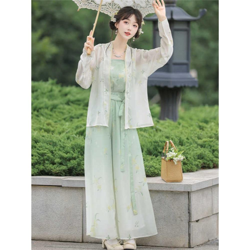 Chinesischer Song-Dynastie-Stil Song Hosenanzug, Modifizierte Hanfu, Fledermausärmel, Oberteile, Dreiteiliges Set