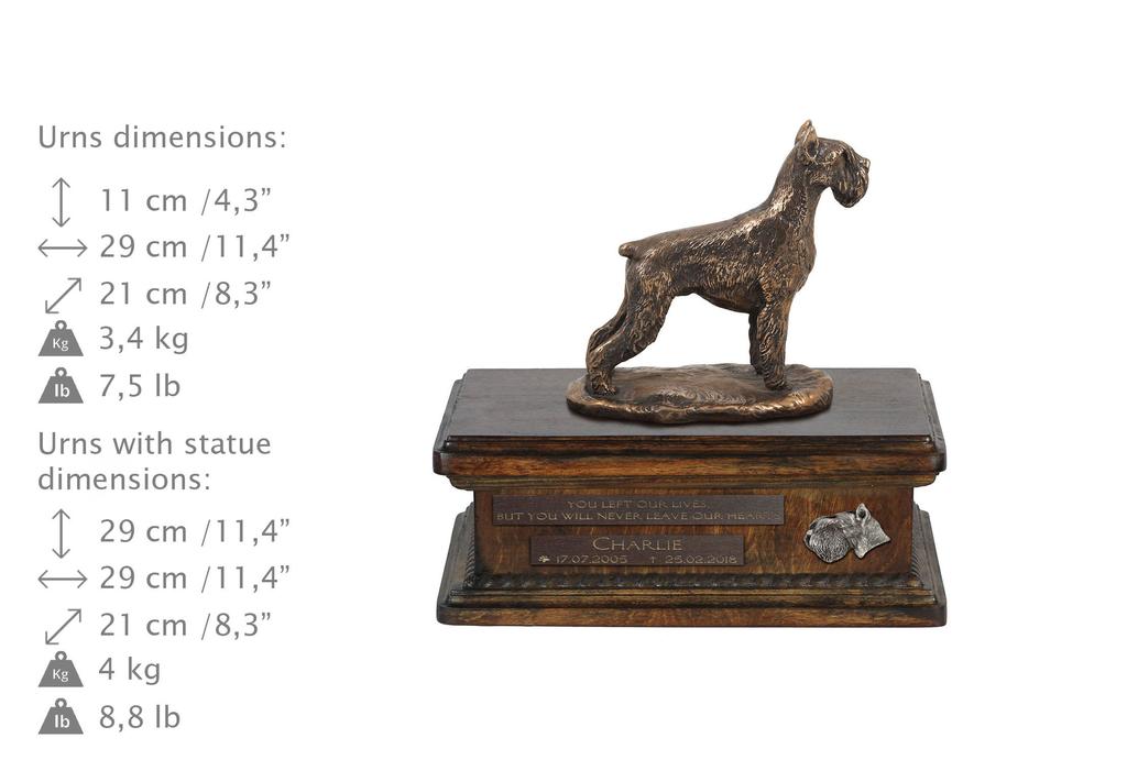Schnauzer I - urn for dog ashes, personalized urn with a statue, wooden urn with a dog by Art-Dog brand