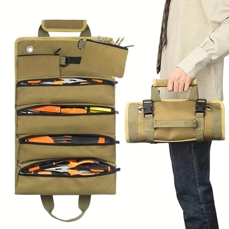 Robuster Roll-Up-Werkzeugtaschen-Organizer mit 4 Werkzeugtaschen und 2 abnehmbaren Taschen.
