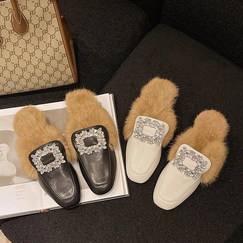 Fashion Baotou Women's Outdoor Slippers 2024 Autumn Fashionable Square Toe Thick Heel One Line Women's Cotton Slippers Zapatos De Mujer