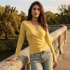 Soft Stretchable Daily Tops Cross V-Neck Long Sleeve Top for Women Slim Fit Sexy Pleated Office Wear Shirt Fall Solid Color Casual Blouse Work Basic