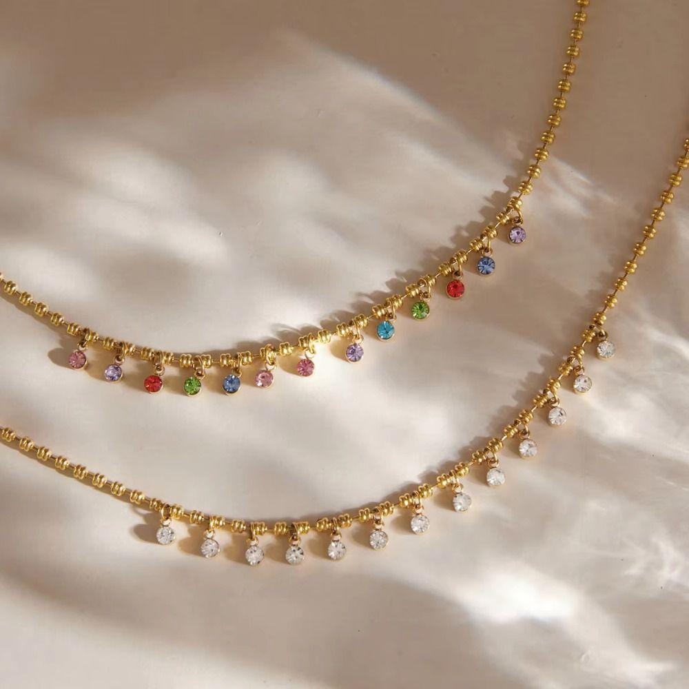 Colored Zircon Zircon Pendant Necklace Multilayer Stainless Steel Necklace  For Women