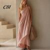 Retro Style Dress Women's Summer One Shoulder Beach Sundress, Pleated A-line Mid-length Loose Flowy Long Dress, Casual Travel Vacation Women