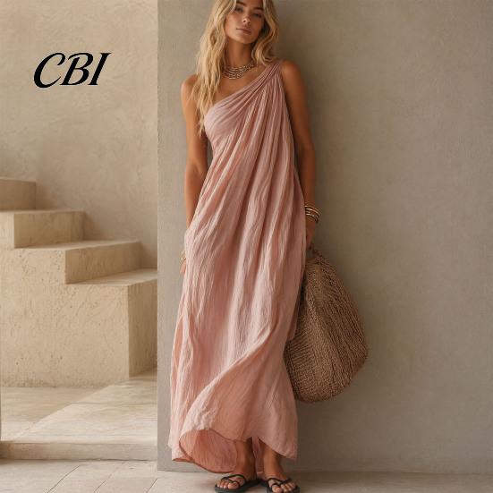 Retro Style Dress Women's Summer One Shoulder Beach Sundress, Pleated A-line Mid-length Loose Flowy Long Dress, Casual Travel Vacation Women