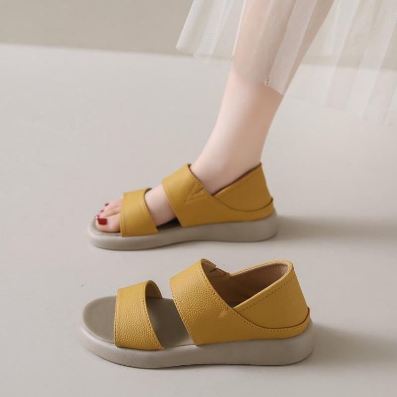 Soft leather flat sandals women's summer new retro round head women's shoes two wear light shoes