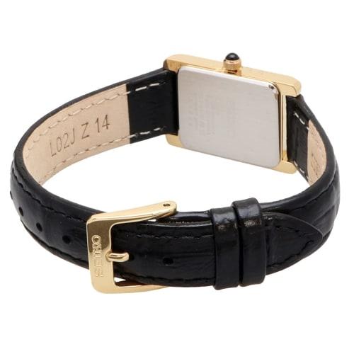 Seiko Women's Square Design Quartz Watch SWR054 with White Dial and Black Leather Band