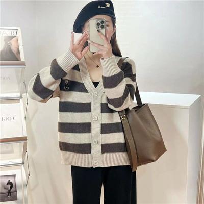 Sweater Cardigan Women's Autumn Outfit New Western-style Age Reducing Loose Knit Sweater Striped Top Jacket