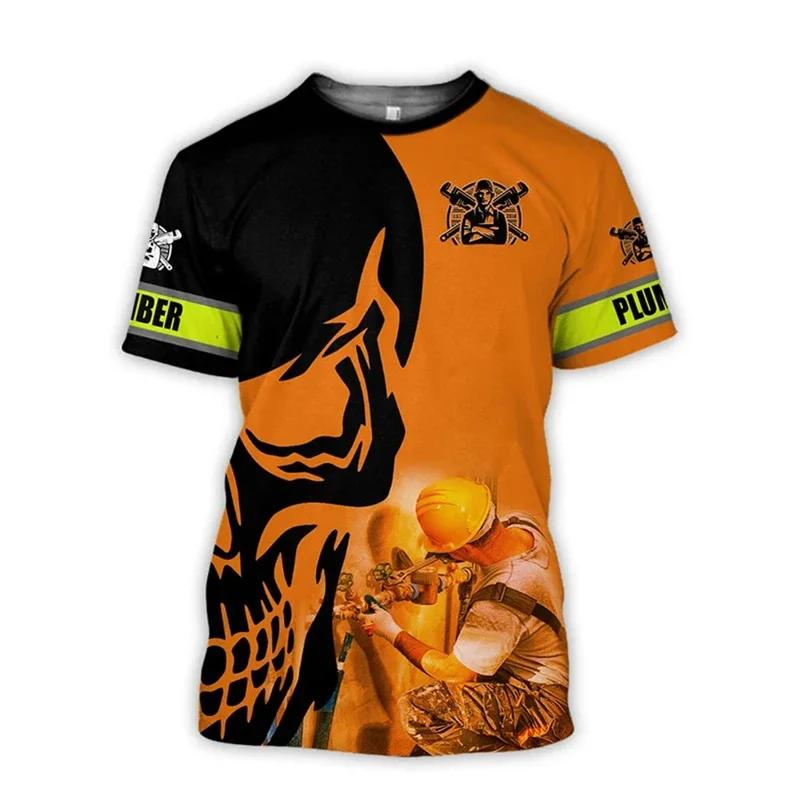 Instalatérská grafická trička 3D potisk tričko Pánské oblečení Letní pánské topy Mechanik Krátký rukáv Kulatý výstřih Osobnost O-výstřih Topy