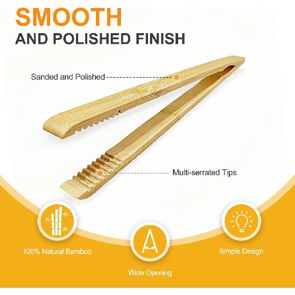 2 Pack Premium Bamboo Toaster Tongs, 10 Inches Natural Wooden Tongs with Serrated Tips for a Secure Grip On Toast, Bagels, Pastries, and Salads,