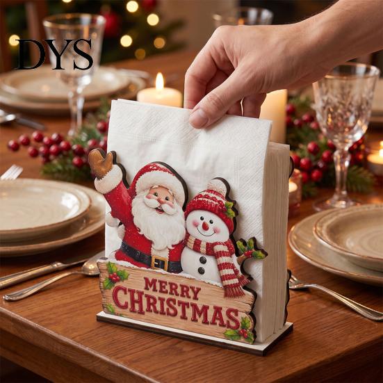 Christmas Gift for Family Napkin Holder Table, Wooden Santa Snowman Reindeer Tree Cocktail Vertical Tissue Dispenser Winter Holiday Parties, Farmhouse