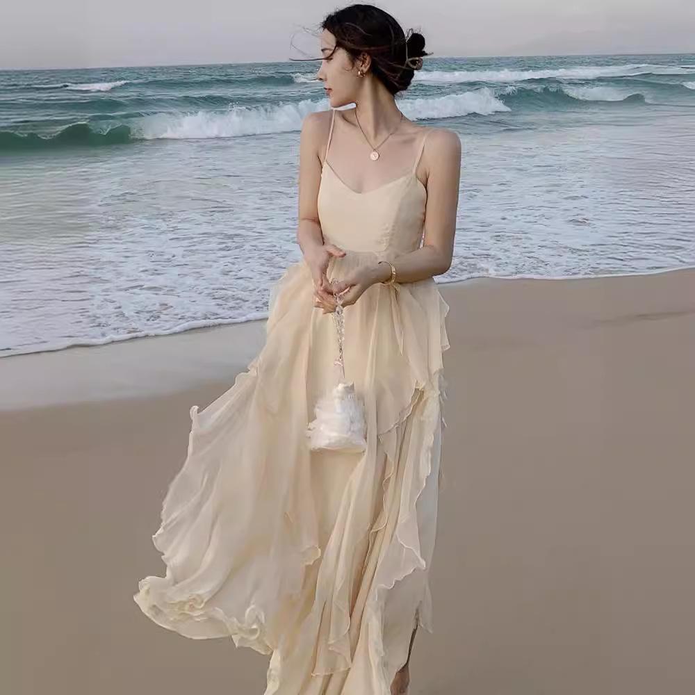 Sanya Women's Fairy Beach Dress - Summer French Strappy Seaside Vacation Long Dress