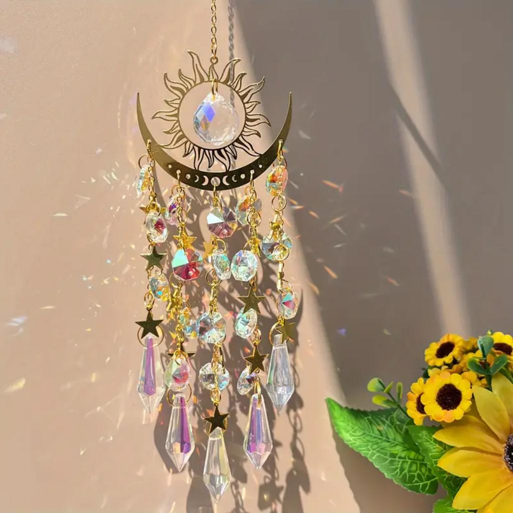 1 tk Gold Star Moon välisvalgustus kristallist tuulekella rippuv aed päikesepüüdja pühade pulmapeo kaunistustarbed