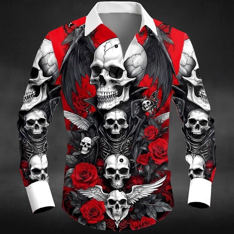 New Men's 3D Skull Print Button Up Shirt Long Sleeved Deep Punk Gothic Flower Style Outdoor Holiday Collar Shirt Top