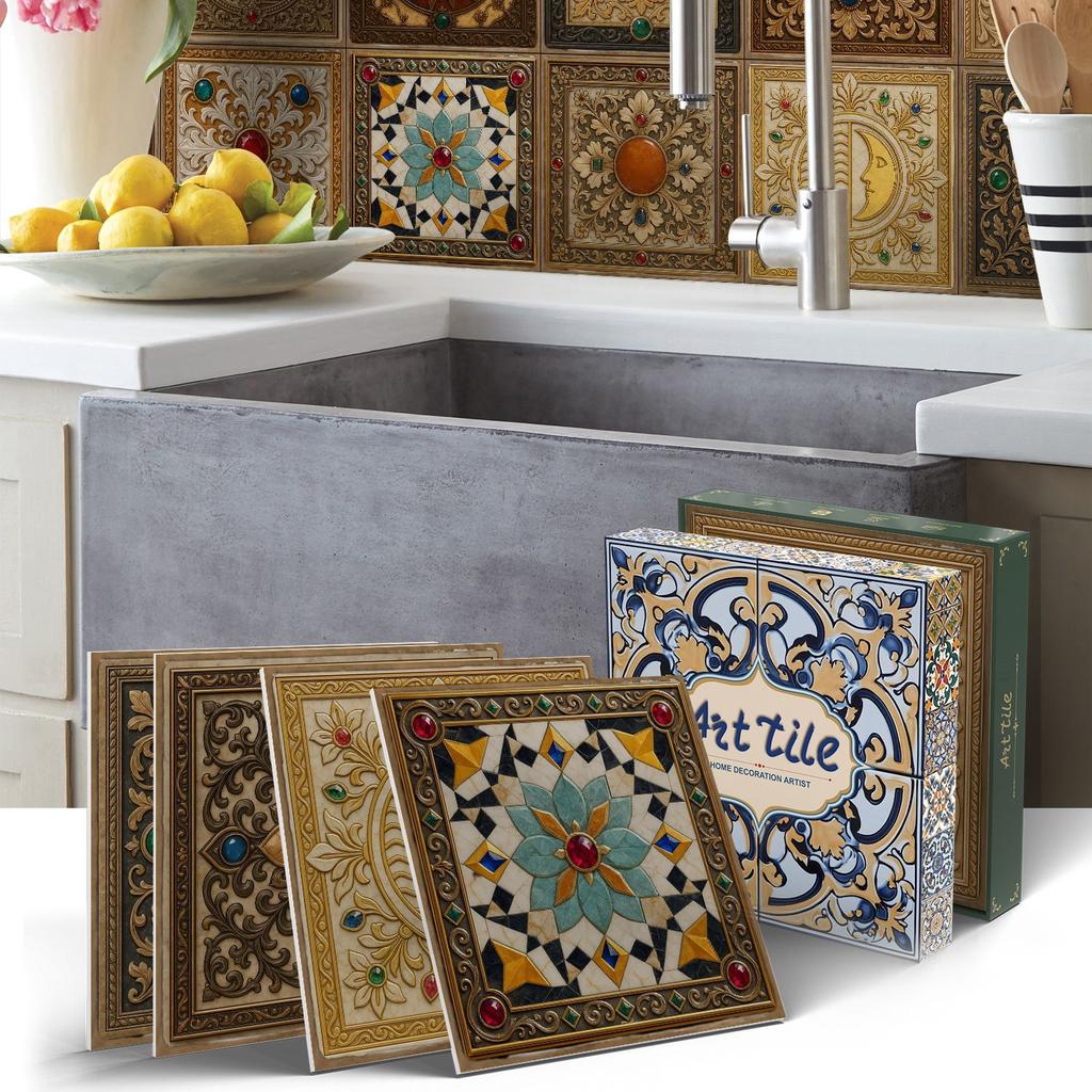 PET Foam Thickened Self-adhesive Wall Sticker, Waterproof and Anti-fouling European Mandala Wallpaper Tile Sticker for Kitchen and Bedroom