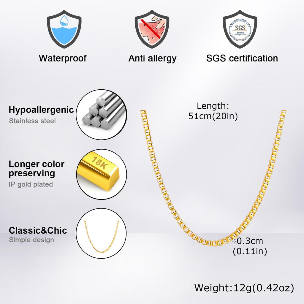 1/2/3mm Box Chain Necklaces for Men Women,Delicate Square Stainless Steel Chains Links Collars,Jewelry Gift 18To24 Inch