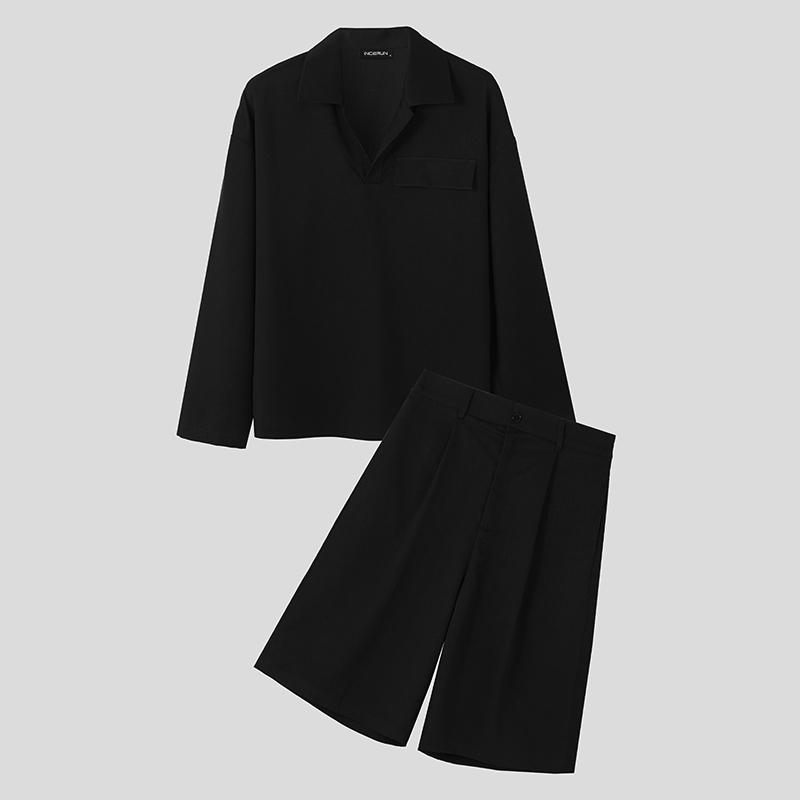 

INCERUN Костюмы-двойки Мужские рубашки с длинным рукавом и свободные брюки-капри на молнии