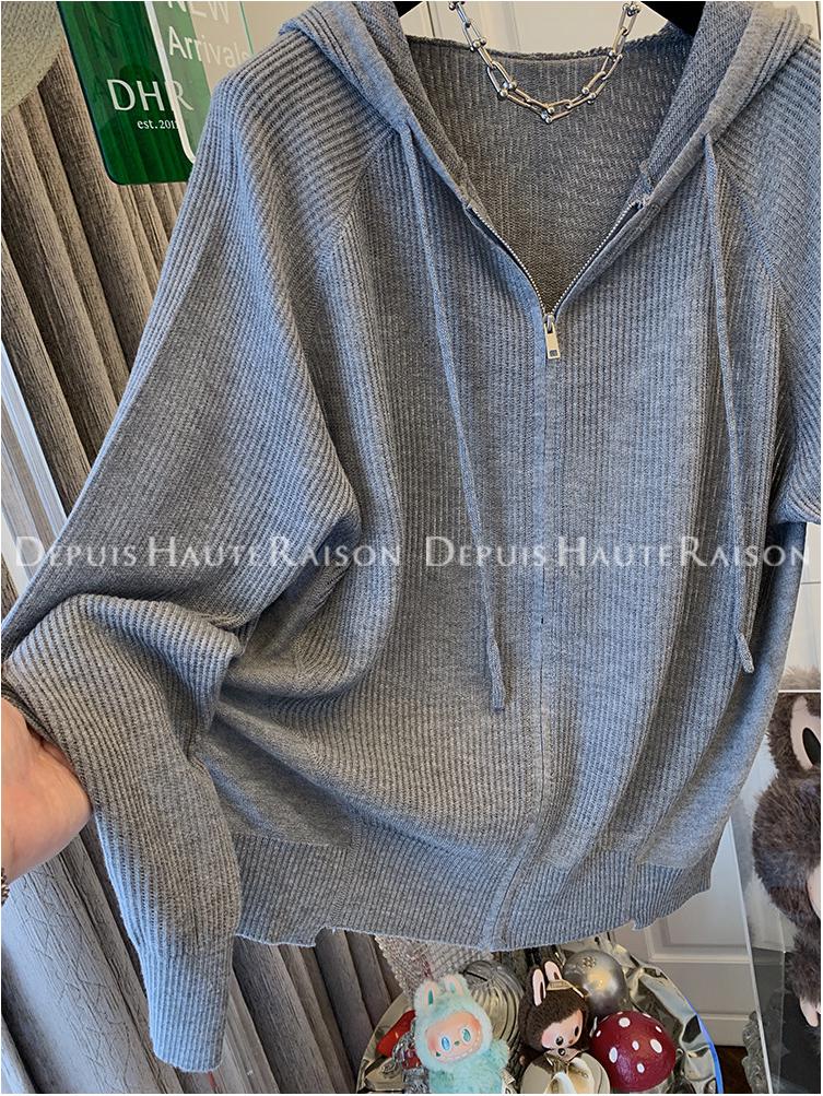Plain Color Zipper Hooded Knit Jacket - Women's Casual Early Autumn Style
