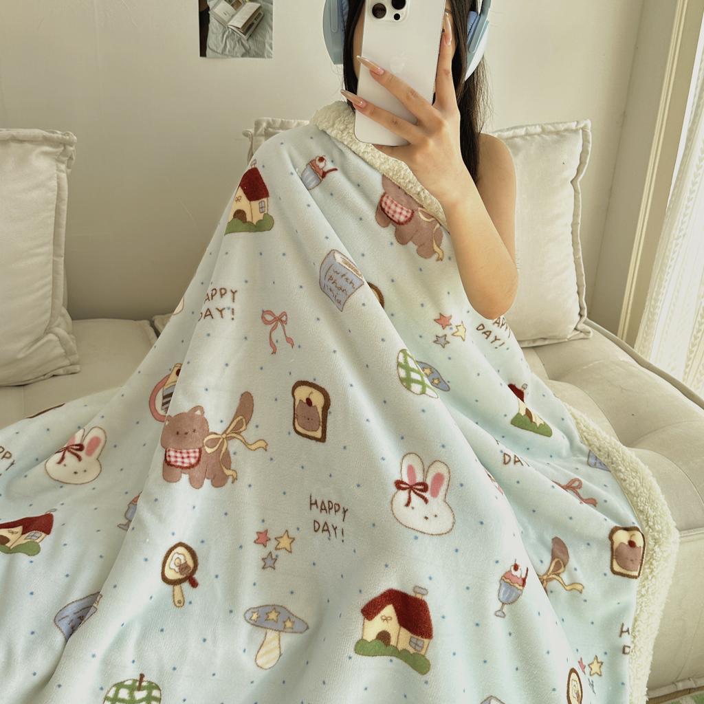 Cartoon Puppy Faux Lambs Wool Blanket Double Layer Thick Warm Fleece Throw Blanket for Sofa Bed Spring Autumn Soft Plush Blanket