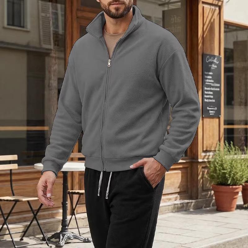 Men's Solid Color Stand Collar Zipper Hoodie Jacket - Outdoor Casual Streetwear