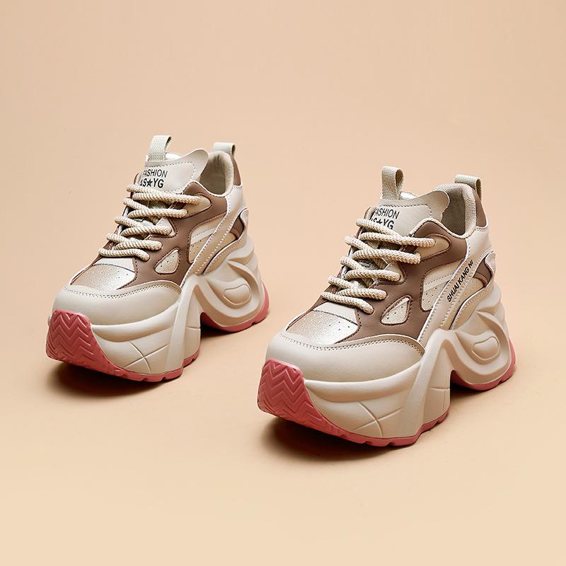 Women's Autumn and Winter Thick-soled Casual Genuine Leather Breathable Sports Shoes with Inner Height Increase Dad Shoes