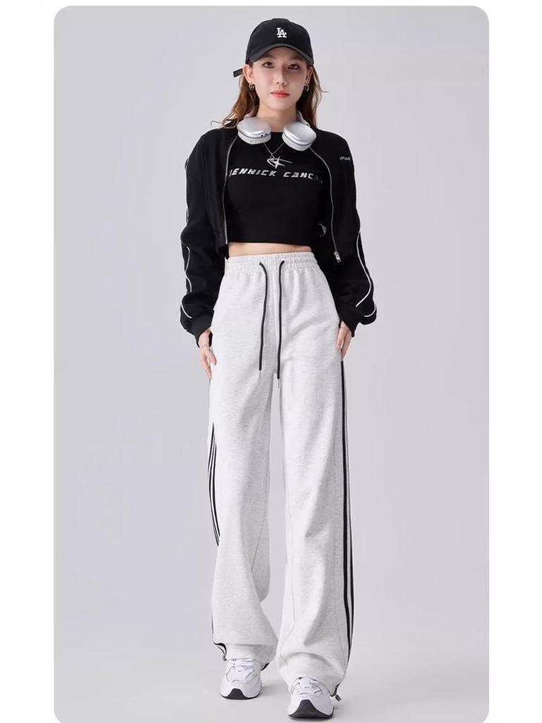 2025 Women's High-Waist Slimming Sweatpants: White & Gray, Spring Casual Wide-Leg Design