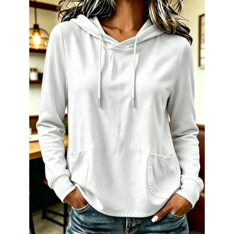 Women S Long Sleeve Hooded Sweatshirt Casual Solid Color With Pockets