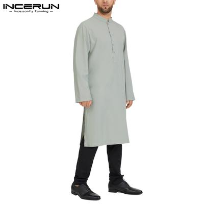Spring Mens Muslim Robes Long Sleeve Solid Color Button Up Saudi Dubai Tops