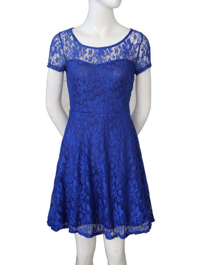 Elegant Blue Lace Trim Round Neck Short Sleeve Dress