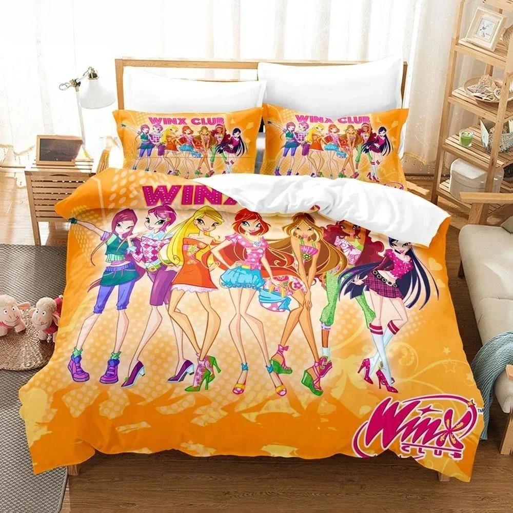 Anime W-Winx Club Bettbezug Kissenbezug Kindergeschenk Bettwäsche-Set für Erwachsene Jungen Mädchen Schlafzimmerdekoration Einzel Doppel Groß