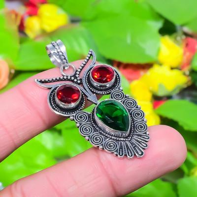 Natural Owl- Chrome Diopside,Garnet Stone 925 Sterling Silver Pendant 1.97" M8E89