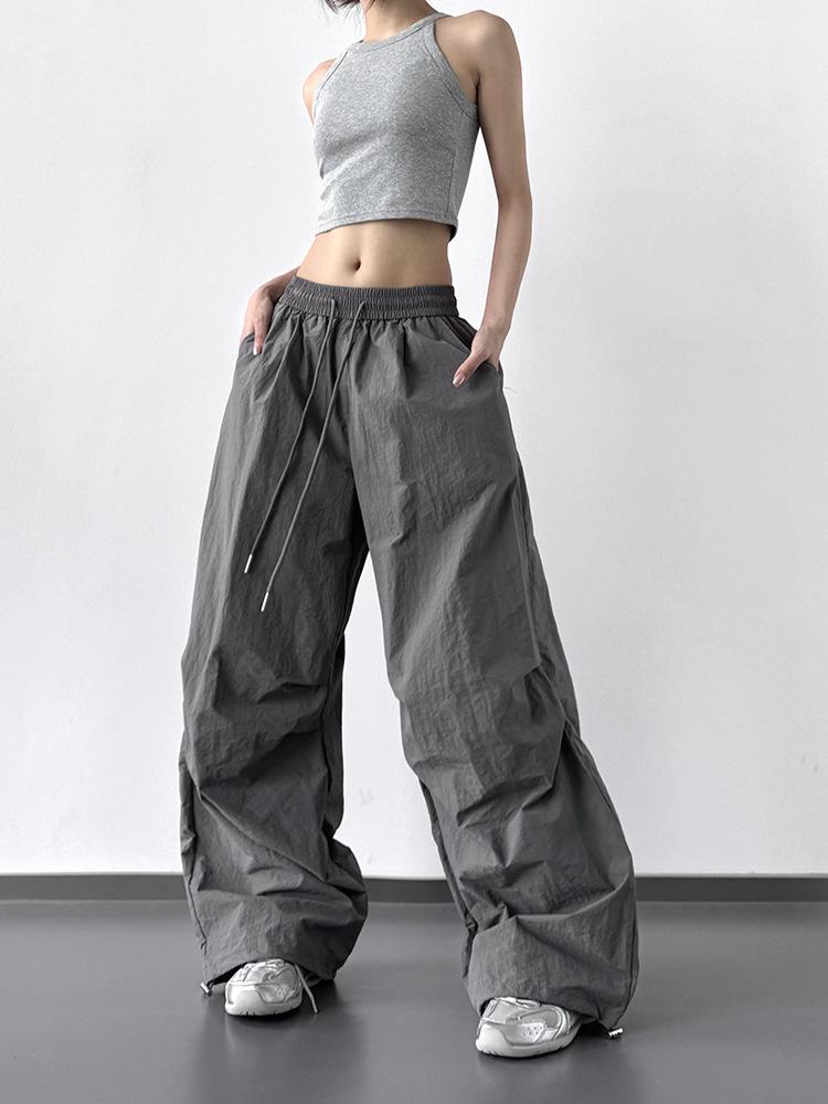 Women's Solid Color Wide-Leg Cargo Pants with Drawstring and Cuffs - Spring Summer 2025 High-Waist, Loose, Floor-Length