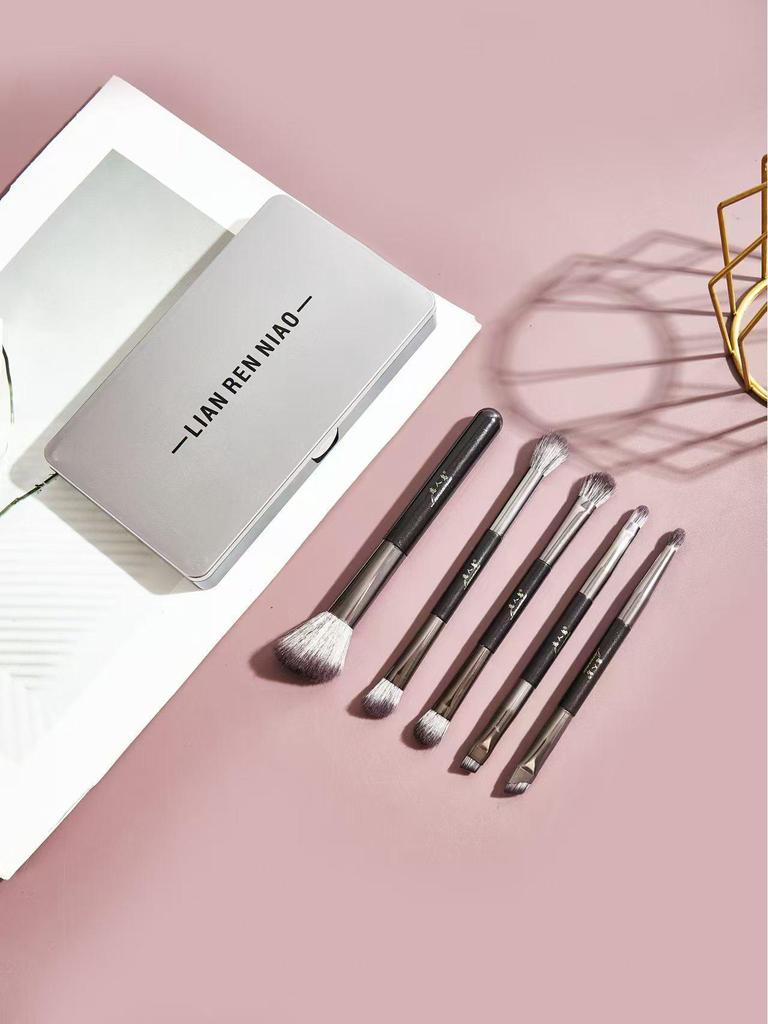 Little Sparrow 5 Double-Ended Eyeshadow Brushes with Mirror Box - Portable Makeup Tool Set