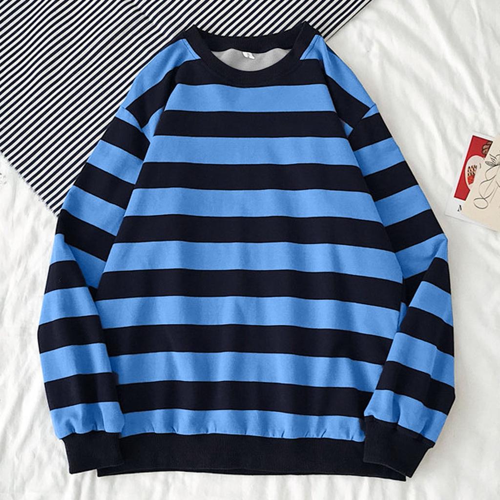 Men's Autumn Winter Round Neck Stripe Sweatshirt Pullover Tops Long Sleeved