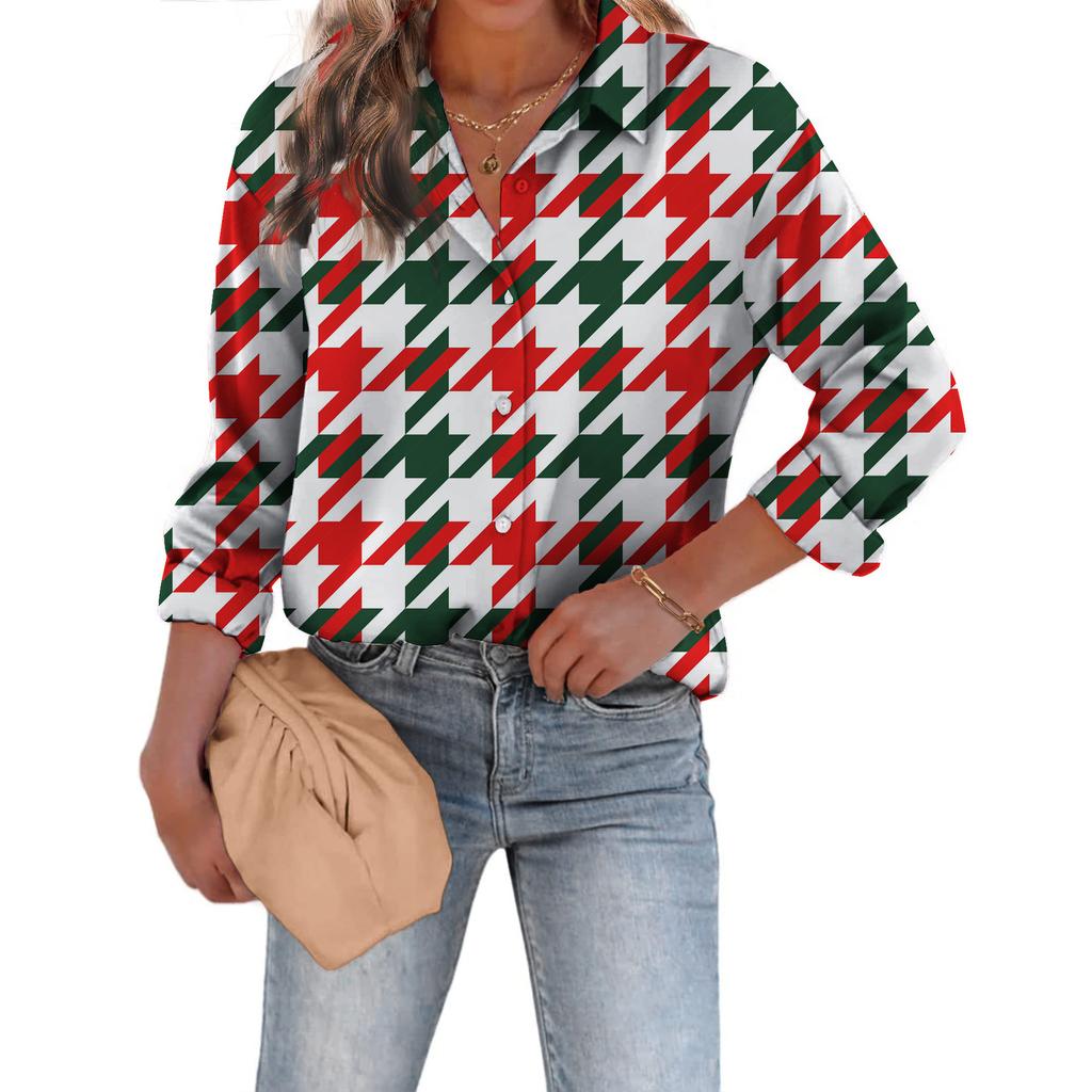 1116 Fashion European and American Shirts Spring and Autumn Loose Digital Printed Checked Cardigan Women's Shirt