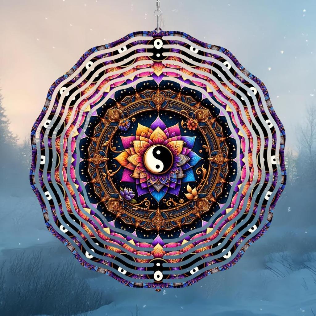 25.4cm 2D Yin Yang Flower Wind Spinner 360° Rotating Hook Laser-Cut Metal Mandala Decor Indoor Outdoor Gift