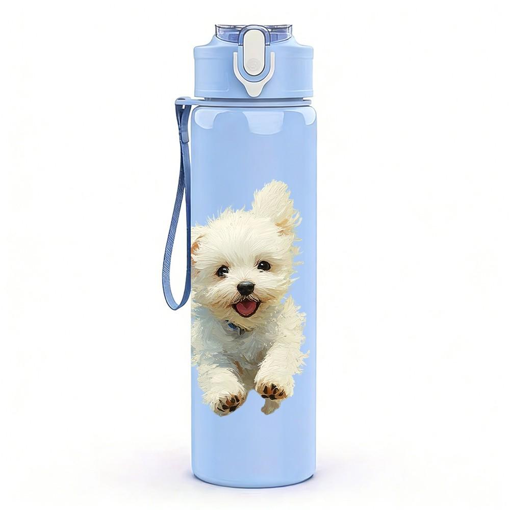 1PC Tiny White Fluffy Puppy Animal Print 750ml Color Plastic Sports Water Bottle Leakproof Flip Straw Lid Suitable for Sports Office Home Use