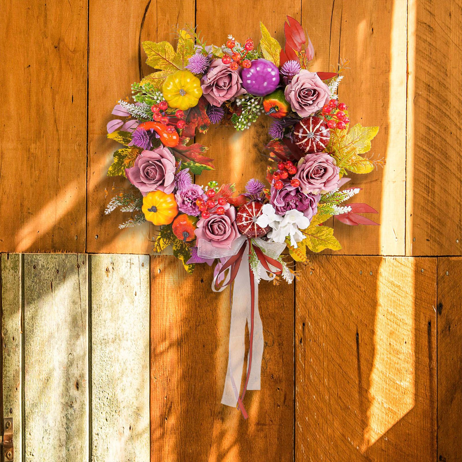 

Pumpkin Fall Wreath Wall Hanging Ornament, Round, Artificial Flower for Porch Window