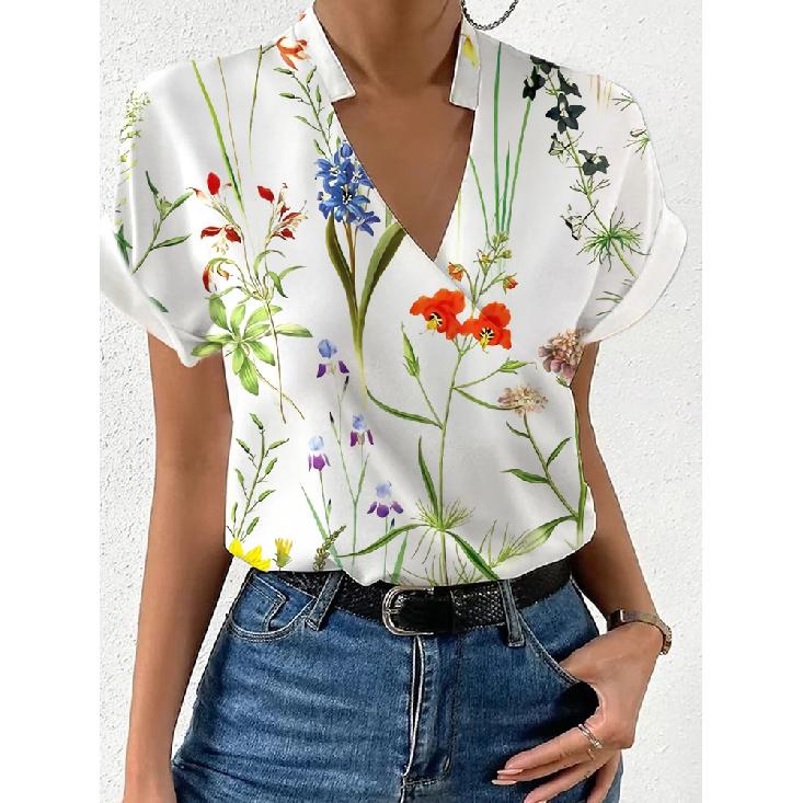

Элегантная блузка с принтом, рубашки с коротким рукавом, летняя офисная леди, V-образный вырез, цветочная рубашка S-XXL XXL зелёный