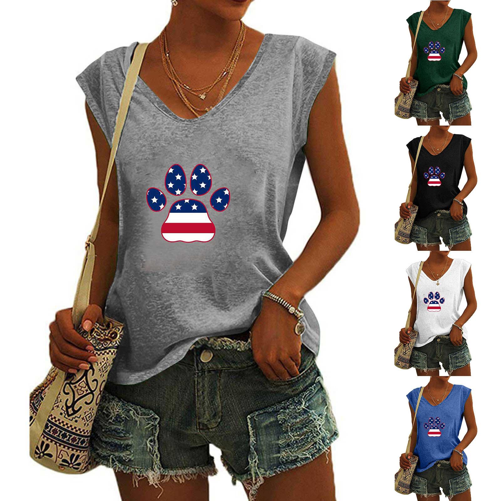

Women s Summer V-Neck Tank Tops Short Sleeve Independence Day Print T-shirt Tops