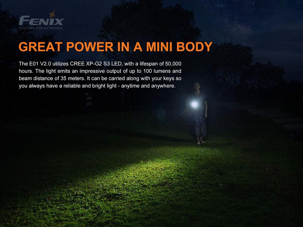 Fenix E01 Keychain Max 100 AA Battery Polycarbonate IP68 Compact V2.0 Light, Lumens, Powered, Construction, Waterproof, Ultra-Lightweight, (Blue)