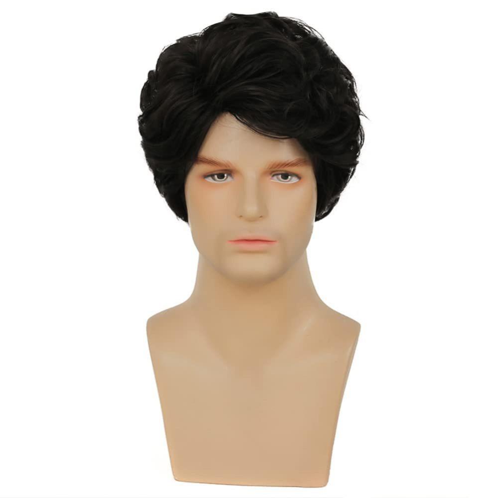 Men's black multi-layered fluffy natural split short curly wig