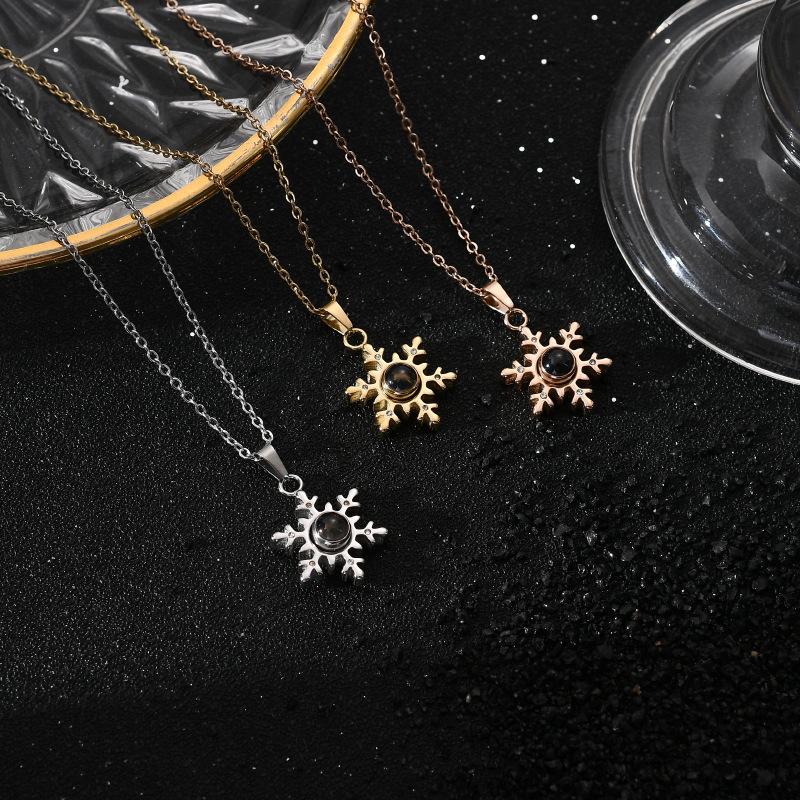 Women Korean Minimalist Snowflake Necklace Titanium Steel 100 Languages I Love You Projection Pendant Zircon Inlaid Love Memory Collarbone Jewelry