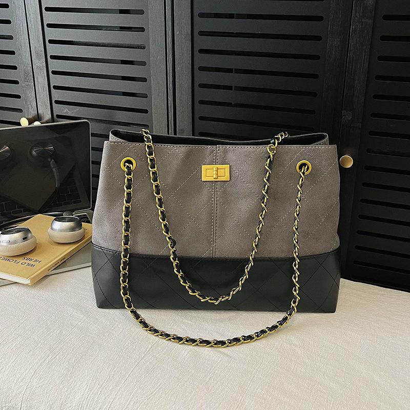 Women's Luxury Argyle Chain Underarm Tote Bag - Mielard Color Block, Large Capacity, Commute Style.