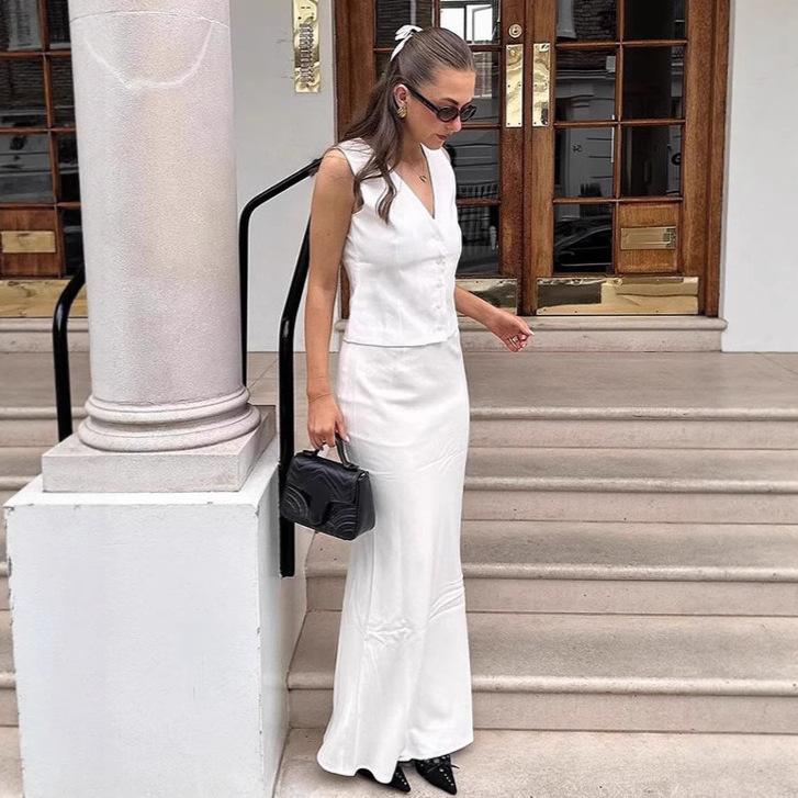 European and American Temperament V-neck Vest Suit Women's 1116 Autumn Commuter White Top Long Skirt Two-piece Women's Clothing