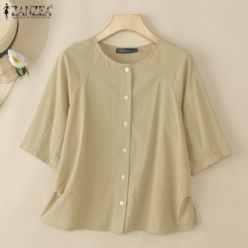 ZANZEA Women Casual Round Neck Loose Summer Half Sleeve Blouse