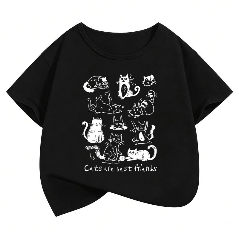 Cat Are Best Friends Design Printed T Shirts Short Sleeve Kids Childrens Tshirt Boys Girls Summer Spring Casual Top Tee Shirt